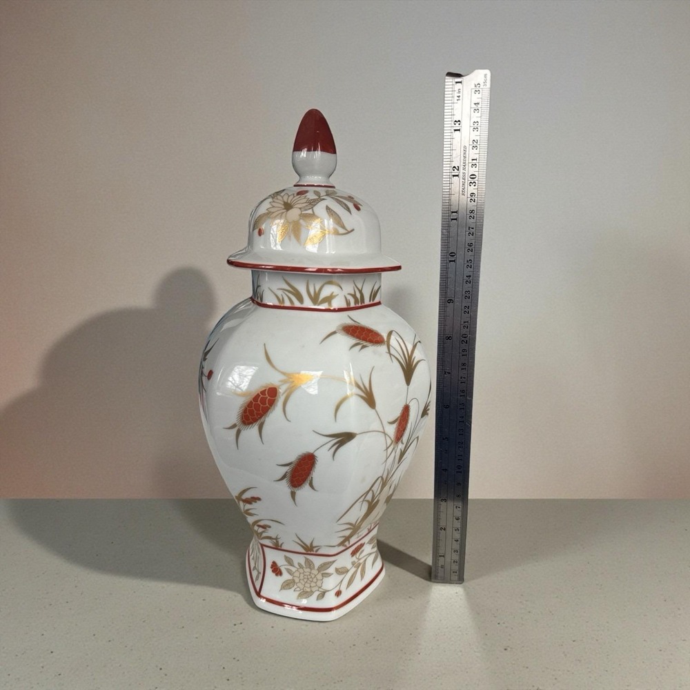 Vintage White Porcelain Jar Vase Mikado Heinrich & Co Germany Red Gold